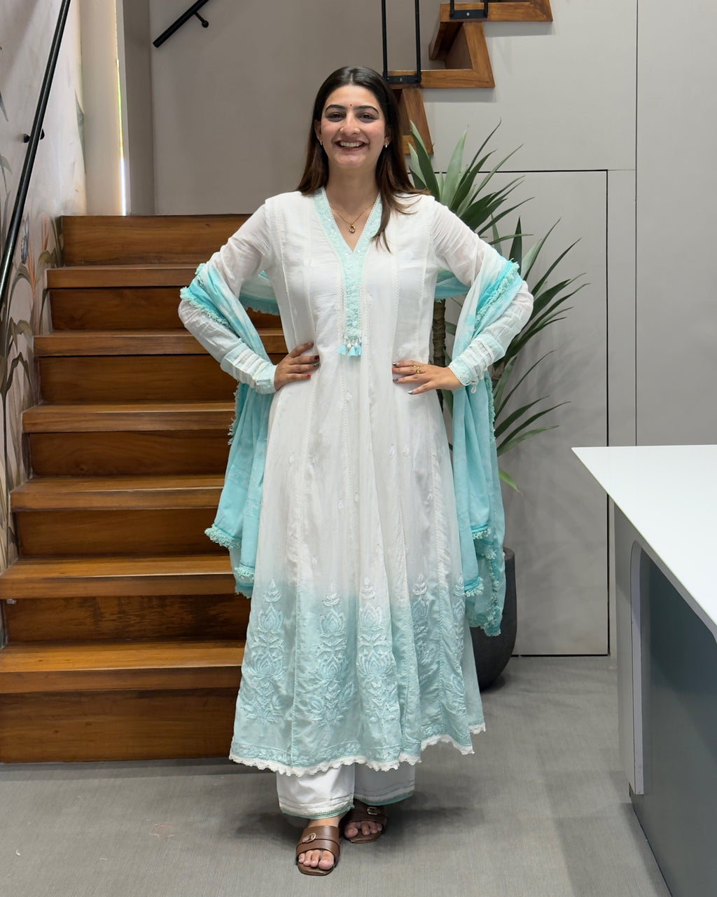 Elegant White & Aqua Cotton Three Piece Suit Set