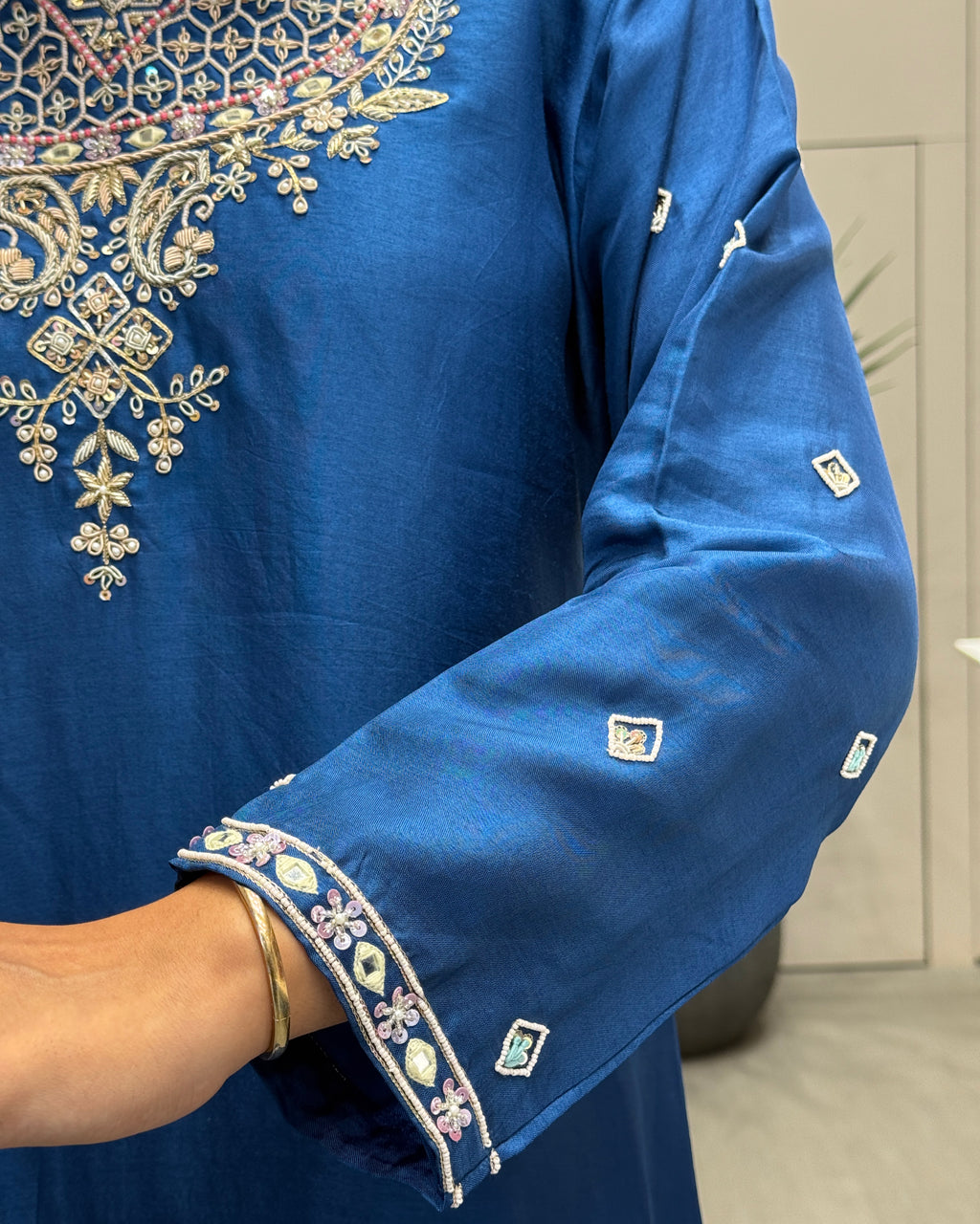 Royal Blue Handworked Silk Kurta Set with Dupatta
