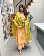 Peach Kurti with Olive Green Dupatta