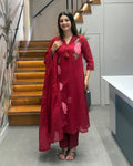 Crimson Bloom Cotton Embroidered Suit Set