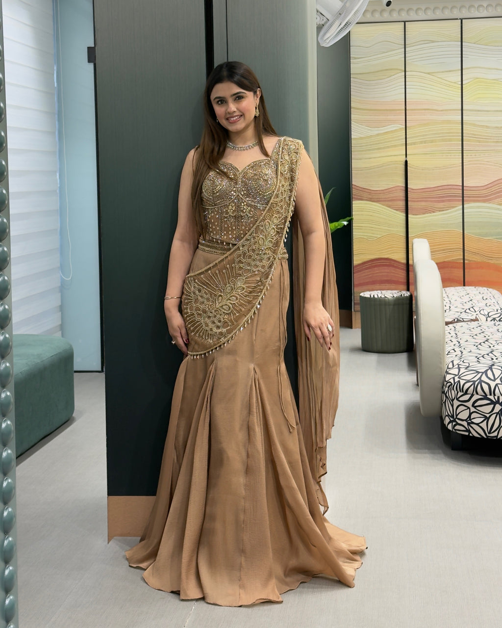 Elegant Coffee Brown Handworked Drape Saree Style Cordset