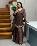 Elegant Chocolate Brown Handworked Three Piece Set