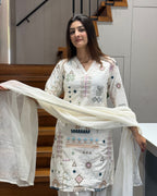 Elegant Thread Work Kurti Palazzo Set with Dupatta