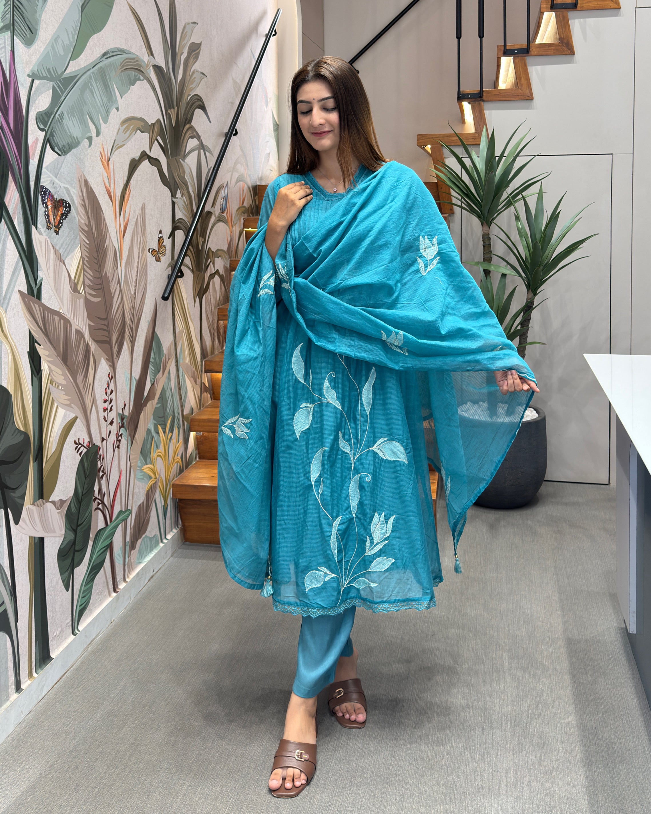 Premium Cotton Embroidered Kurti Pant Set with Dupatta