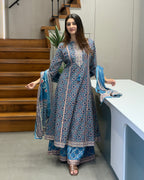 Printed Full Length Kurti with Full Flair Palazzo & Dupatta Set