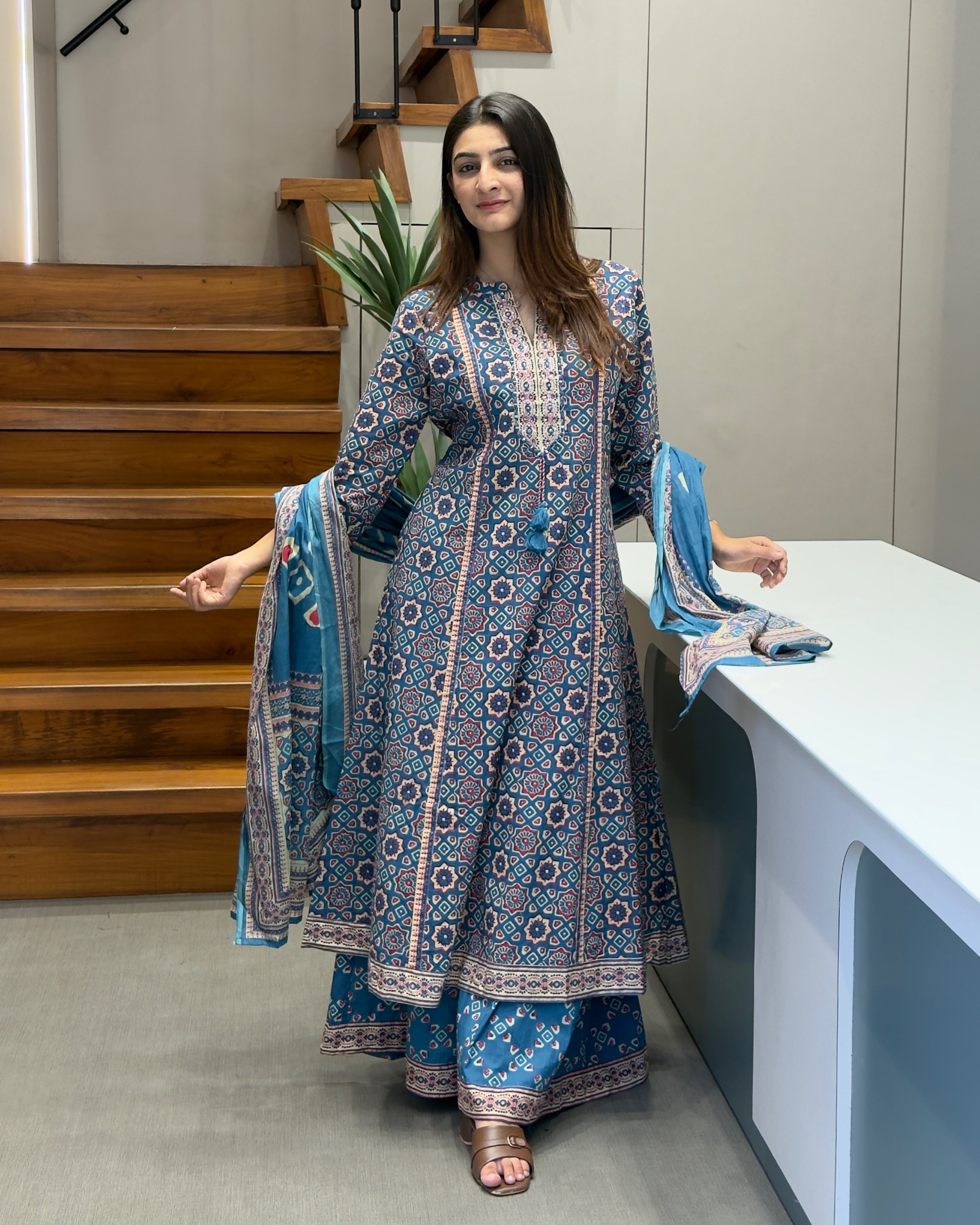 Printed Full Length Kurti with Full Flair Palazzo & Dupatta Set