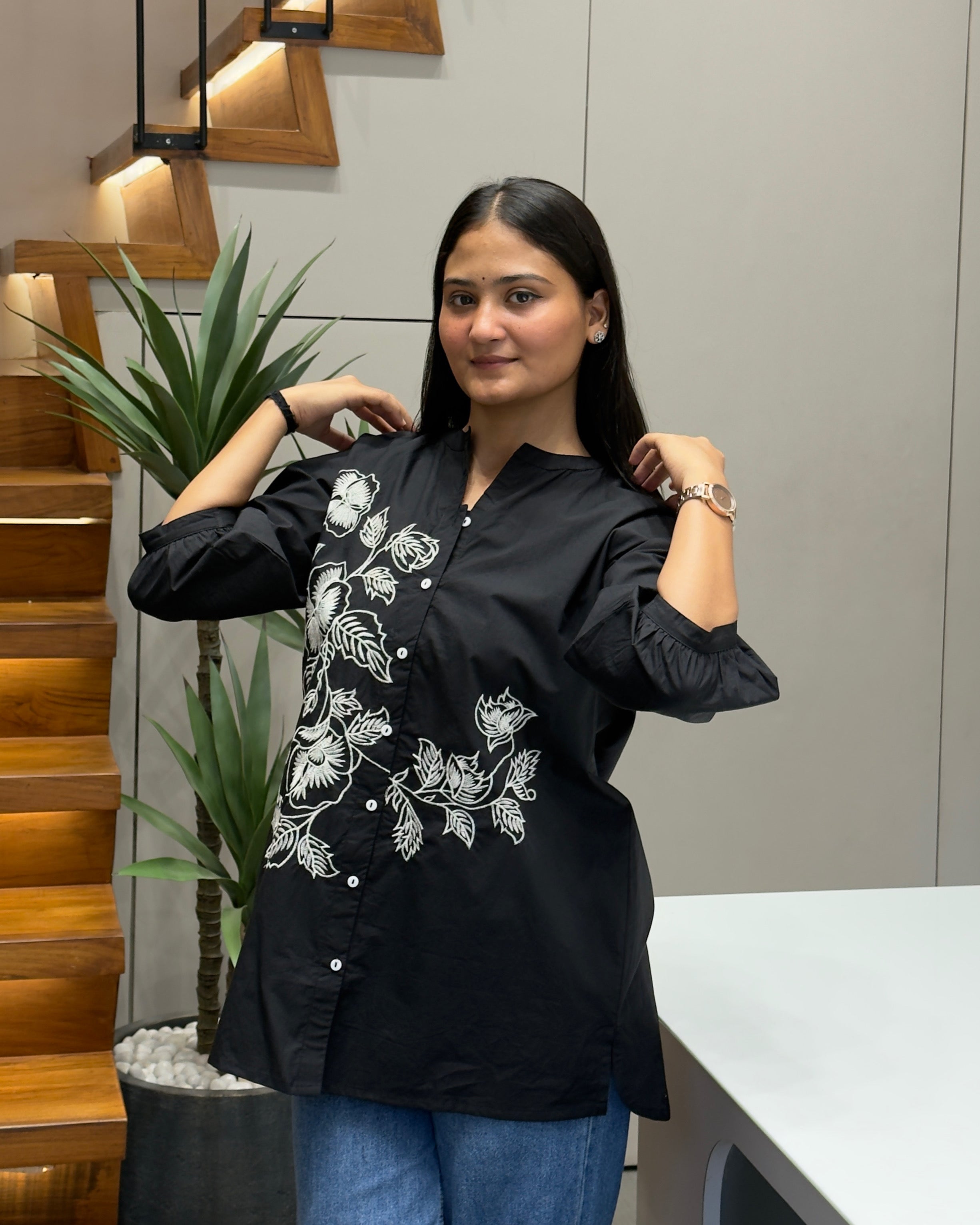 Elegant Black Embroidered Tunic Top