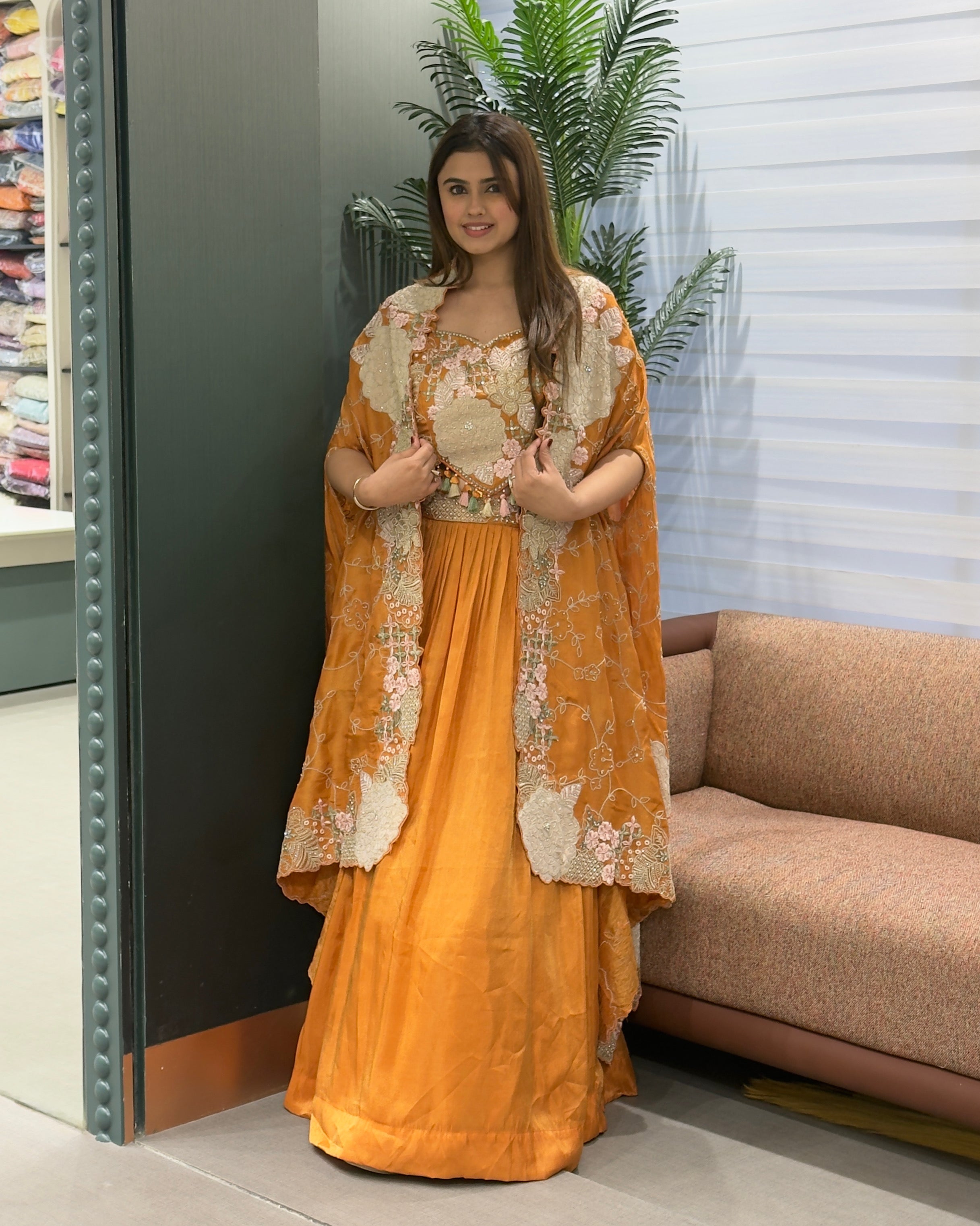 Elegant Mustard Yellow Handworked Inner, Coti & Lehenga Set