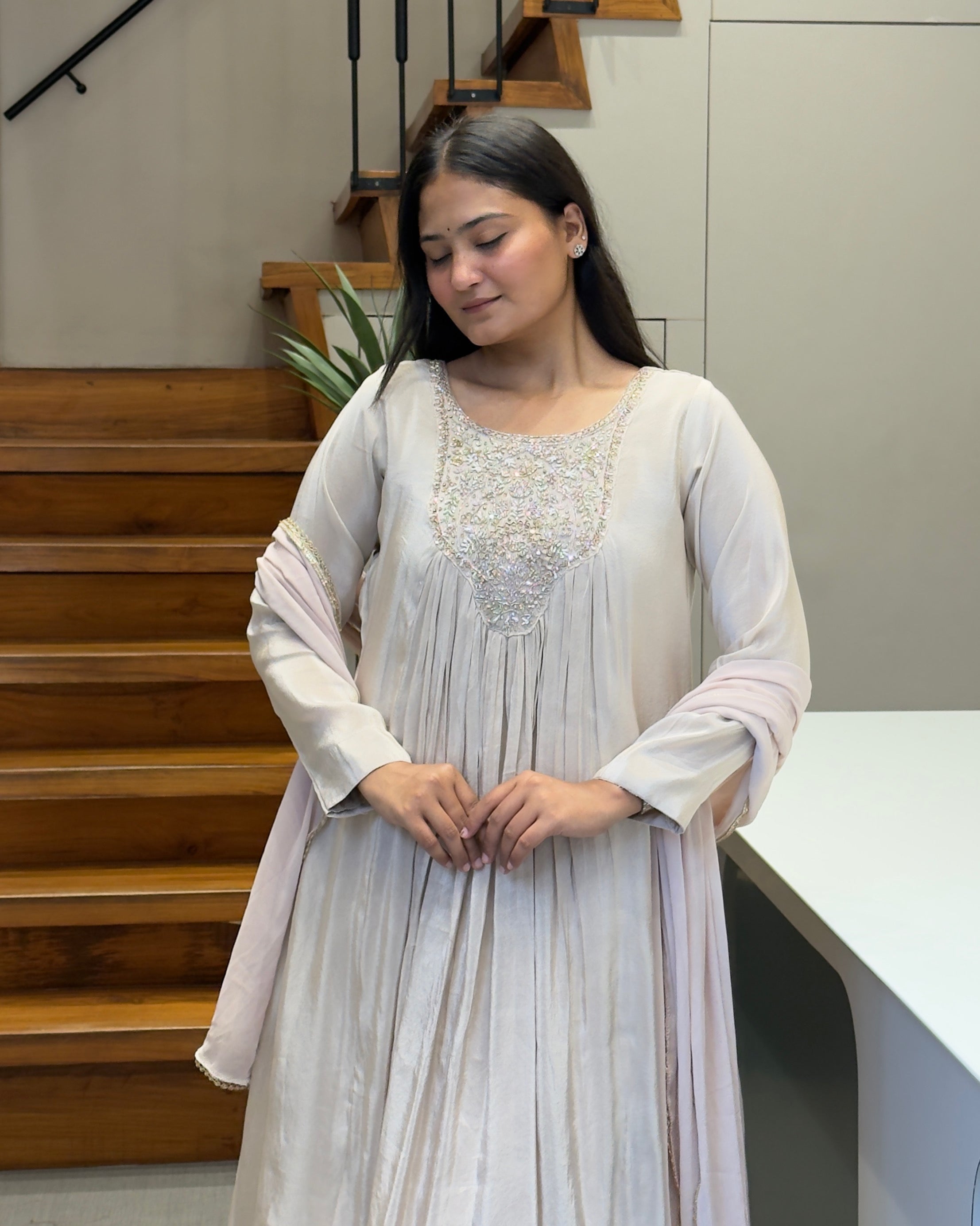 Elegant Pearl White Handwork Three Piece Suit Set