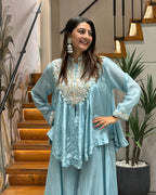 Sky Blue Handworked Peplum Palazzo Set with Dupatta