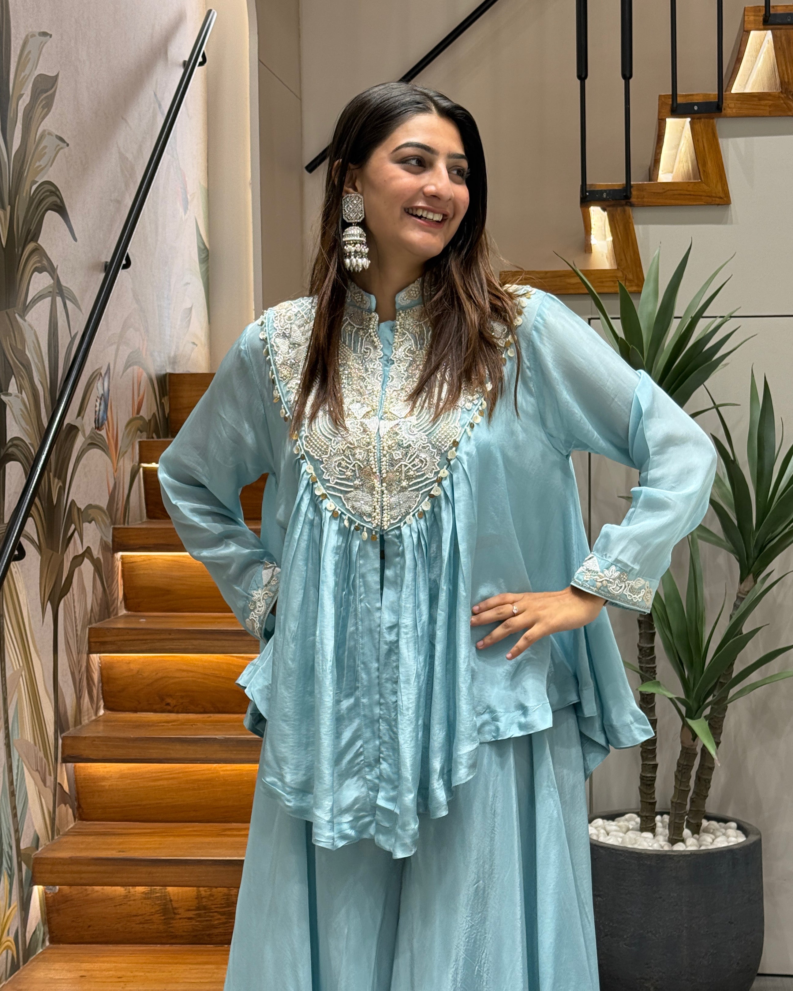Sky Blue Handworked Peplum Palazzo Set with Dupatta