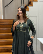 Midnight Elegance Handwork Kurta Set with Dupatta & Palazzo