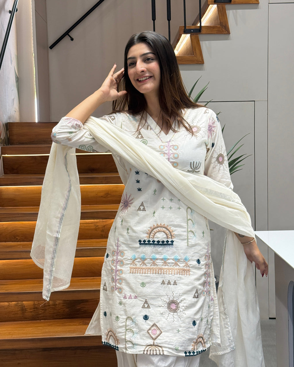 Elegant Thread Work Kurti Palazzo Set with Dupatta