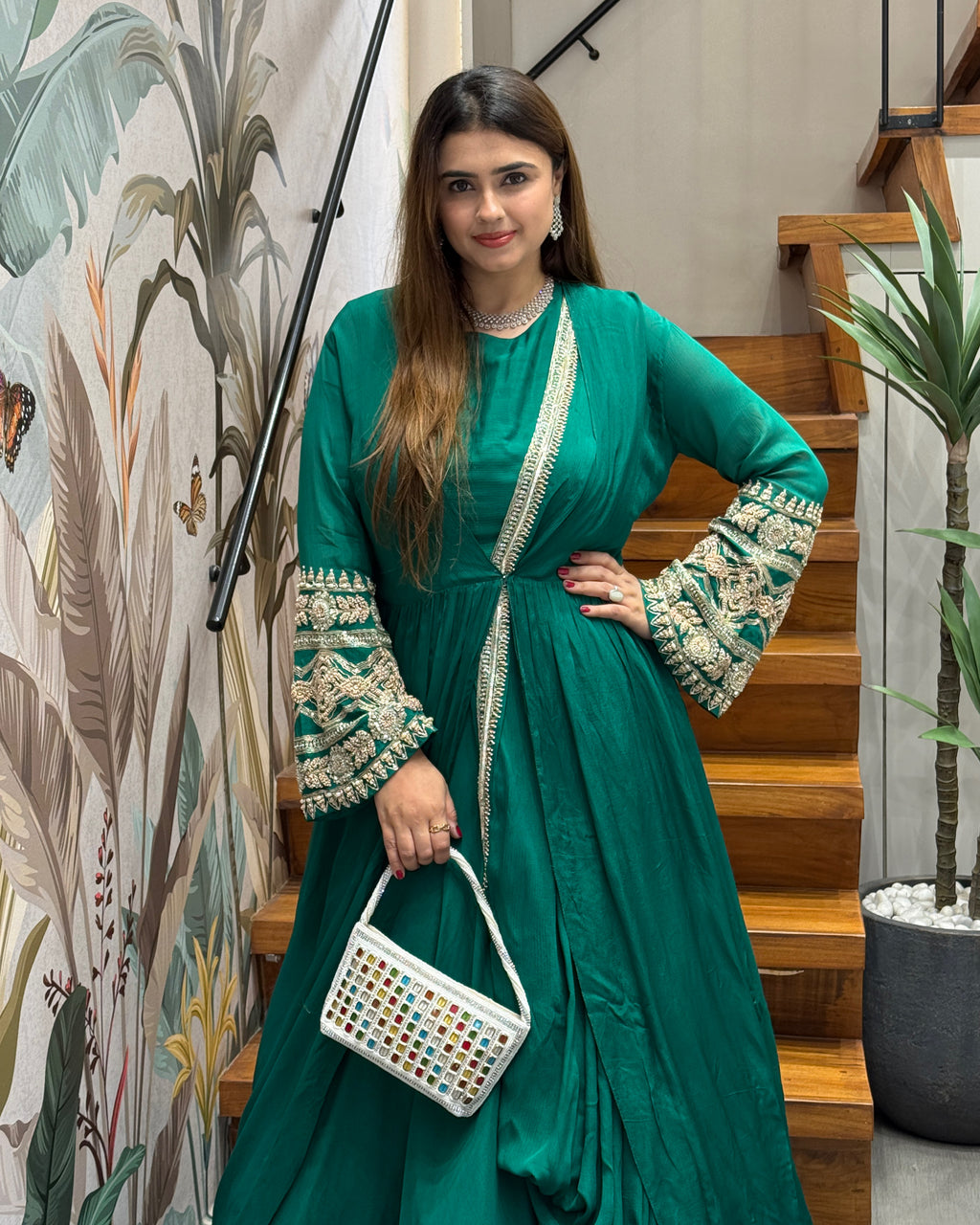 Designer Cape Style Handworked Gown