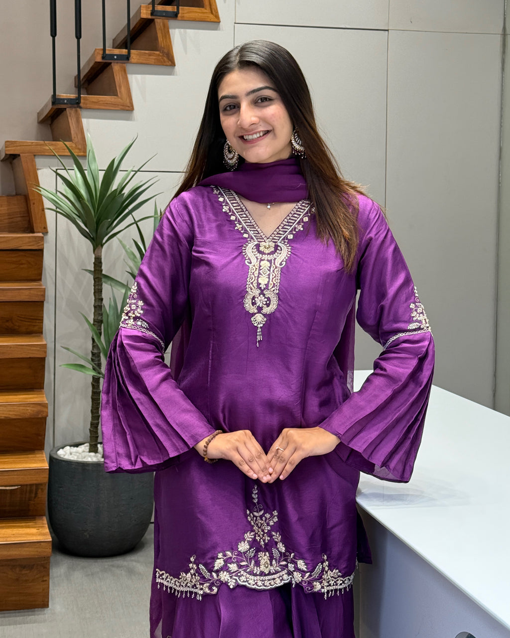 Royal Purple Pure Handworked Kurta Palazzo Set with Dupatta