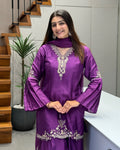 Royal Purple Pure Handworked Kurta Palazzo Set with Dupatta