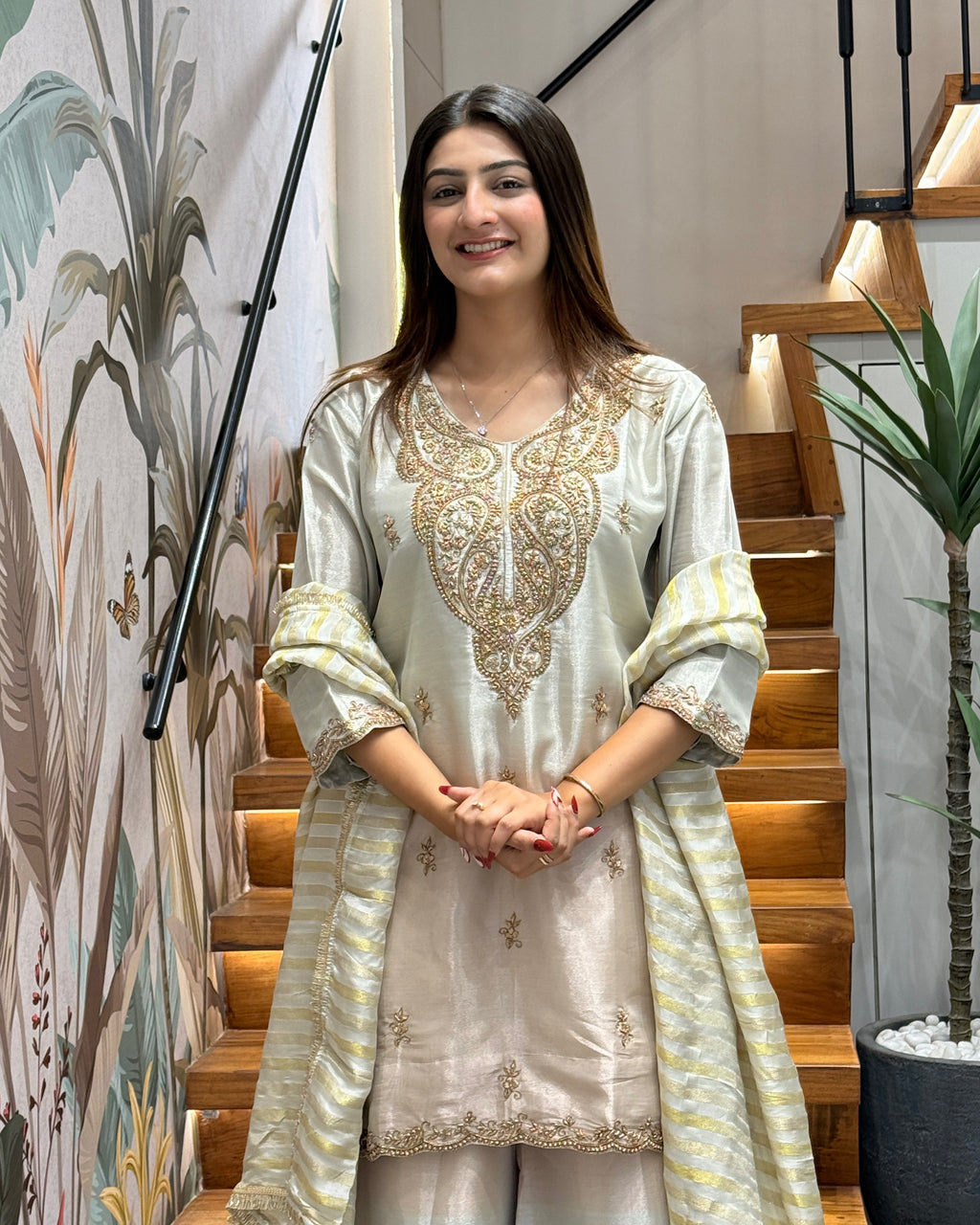 Elegant Handworked Tissue Silk Kurta Palazzo Set with Designer Dupatta
