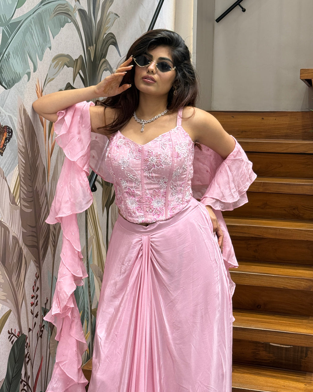 Designer Handworked Drape Skirt Set with Ruffle Dupatta