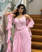 Designer Handworked Drape Skirt Set with Ruffle Dupatta
