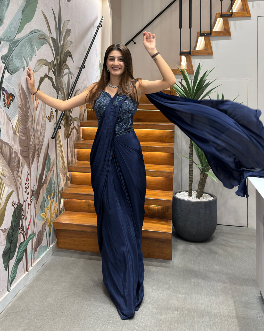 Designer Ready-to-Wear Navy Blue Saree with Handwork Blouse