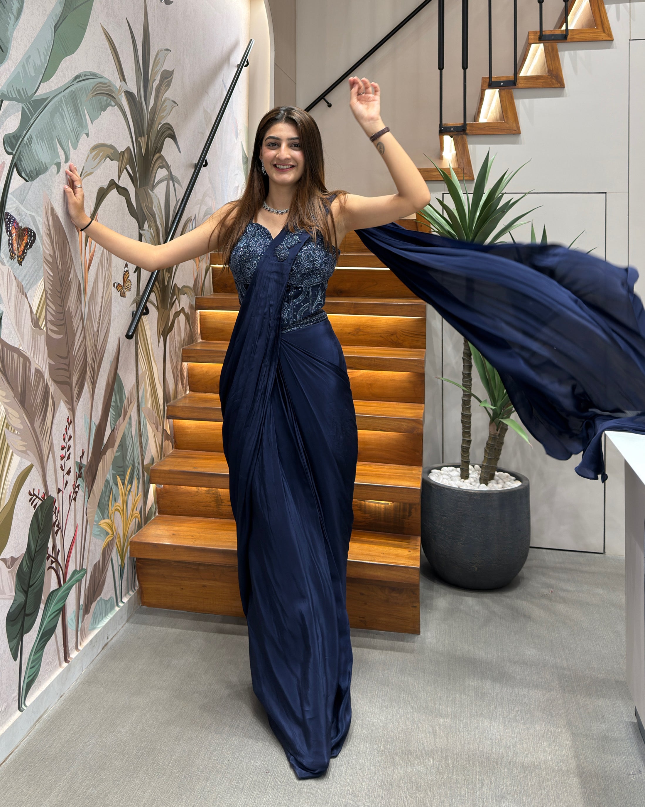 Designer Ready-to-Wear Navy Blue Saree with Handwork Blouse