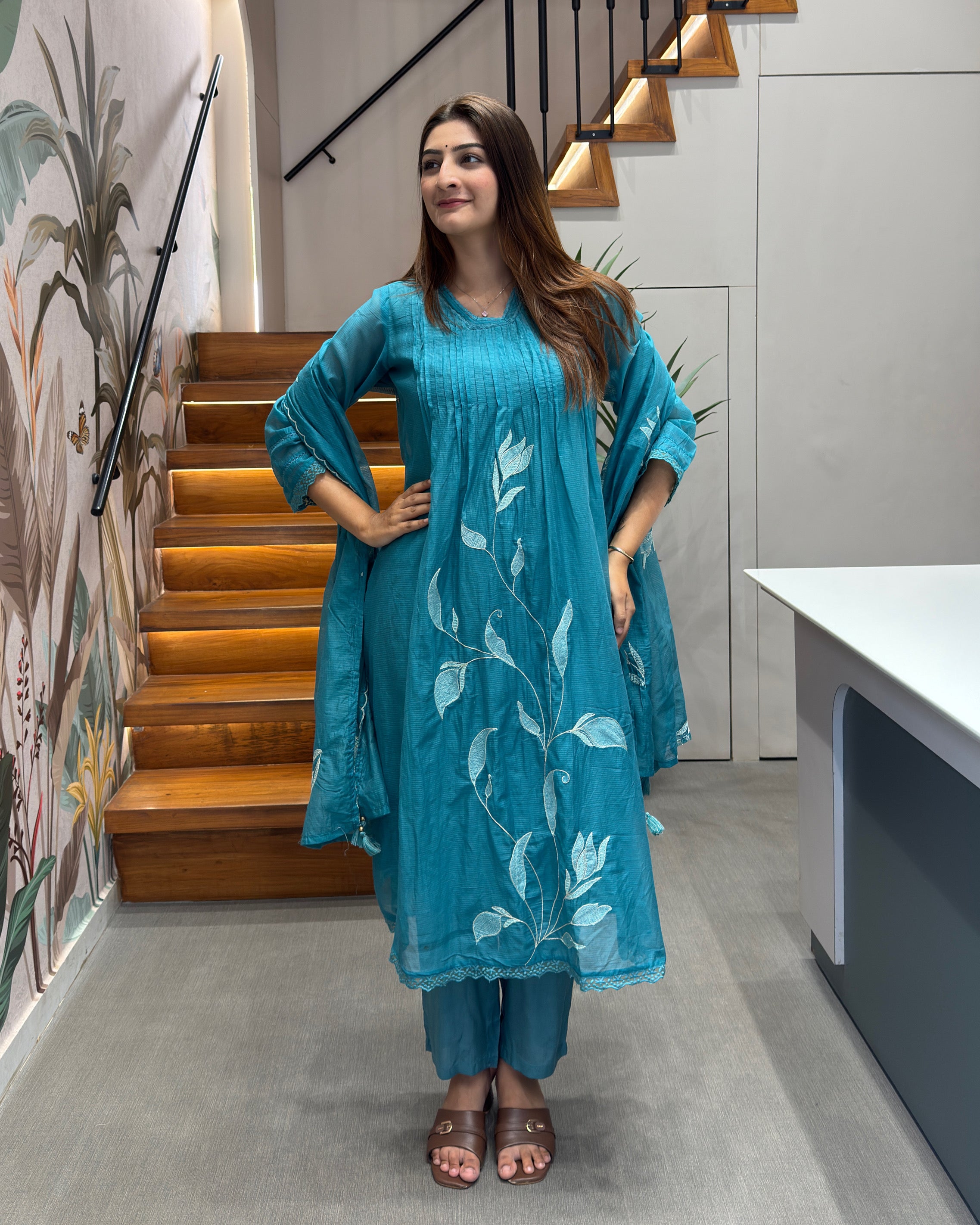 Premium Cotton Embroidered Kurti Pant Set with Dupatta