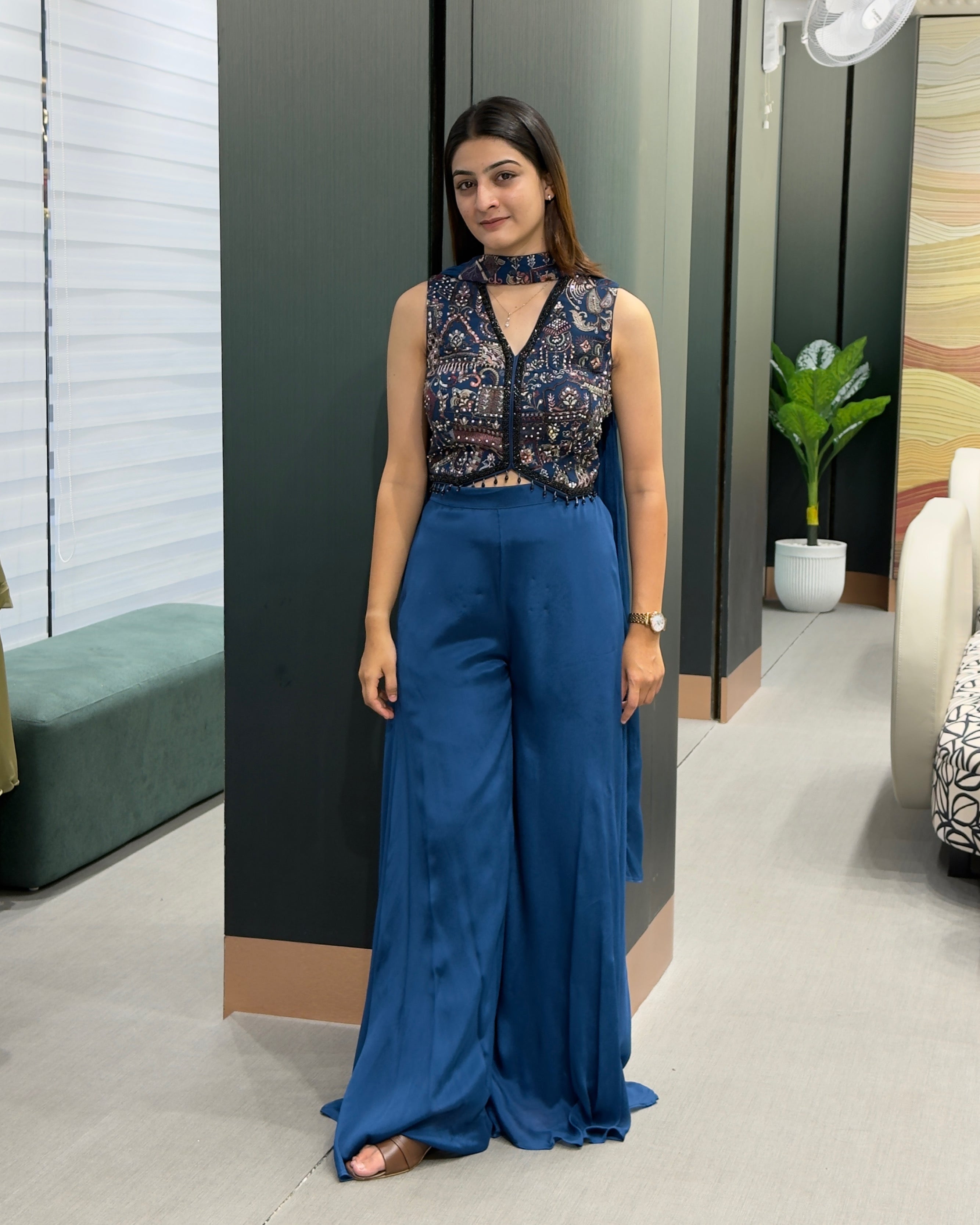 Royal Blue Designer Handworked Co-Ord Set with Palazzo & Neckline Dupatta