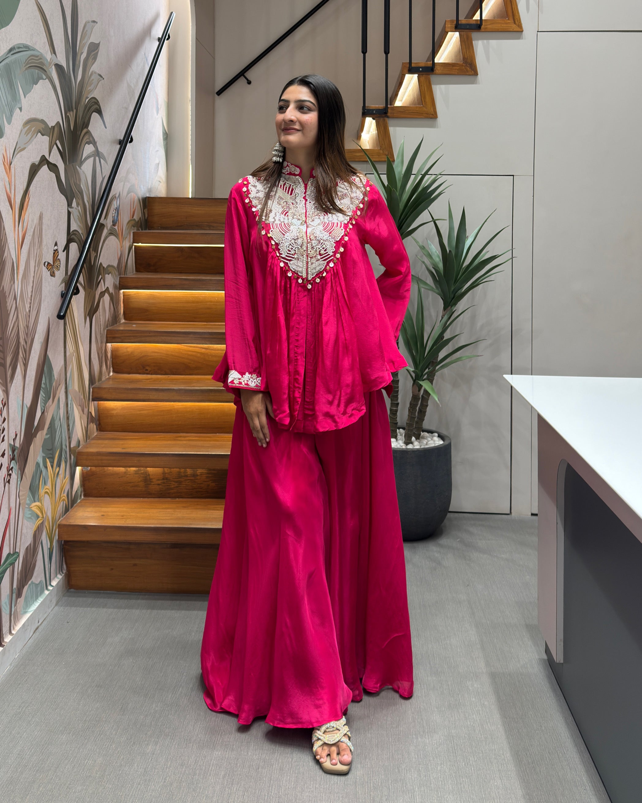 Designer Rani Pink Handworked Peplum Palazzo Set