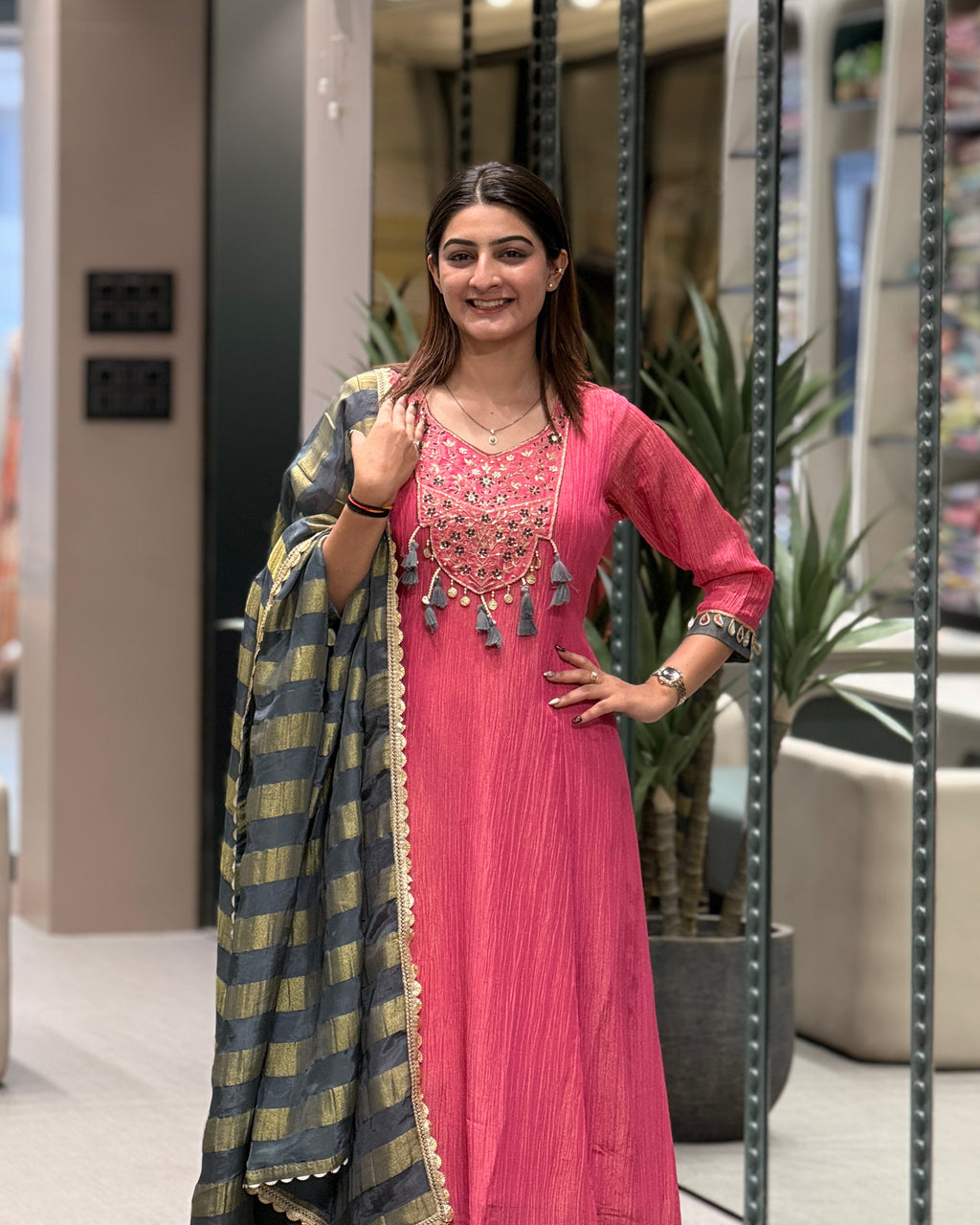 Pink with Grey Dupatta