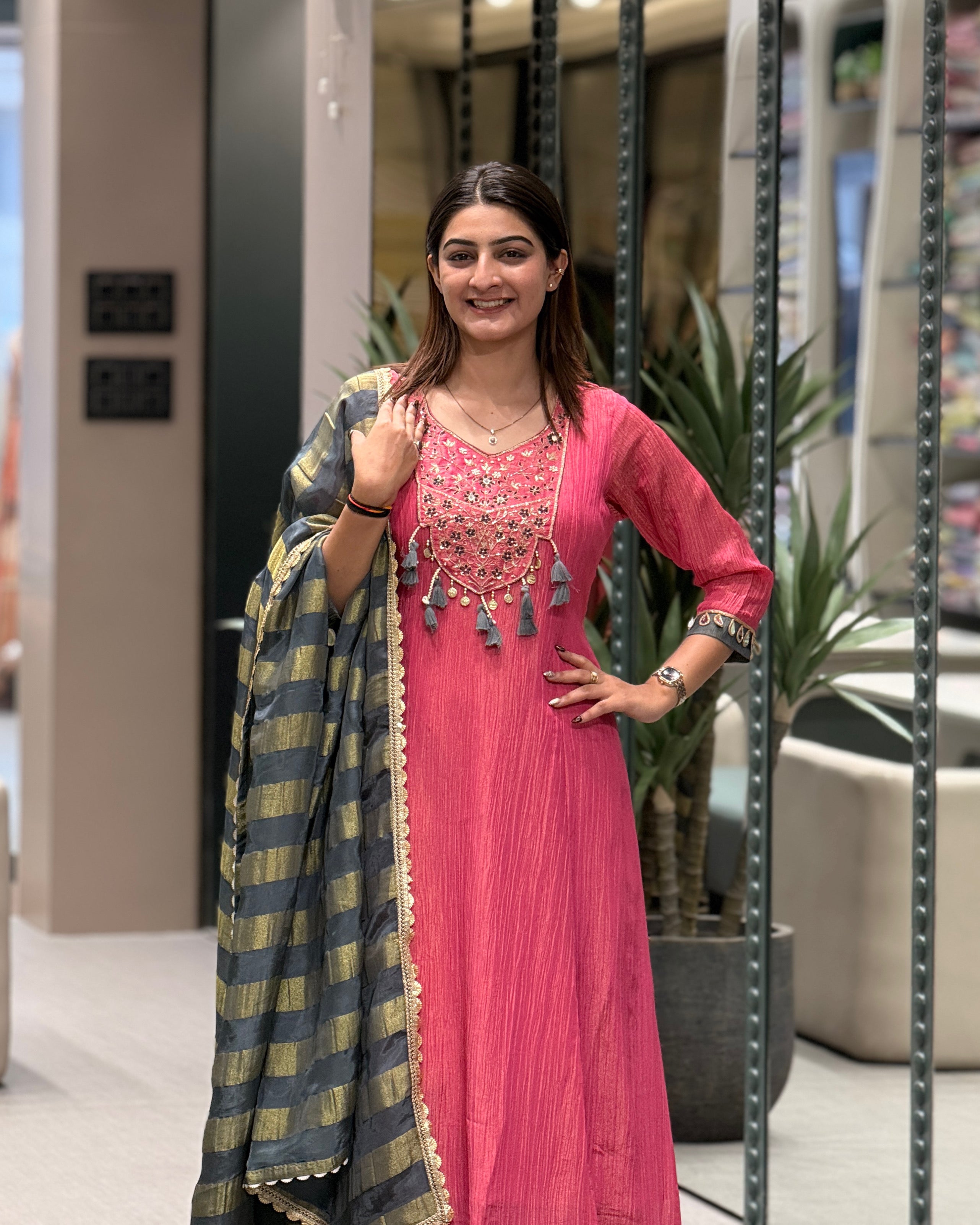 Pink with Grey Dupatta