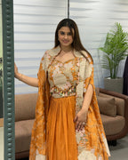 Elegant Mustard Yellow Handworked Inner, Coti & Lehenga Set