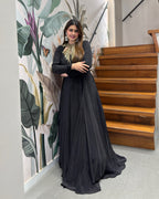Elegant Black Handworked Flared Gown Set with Dupatta