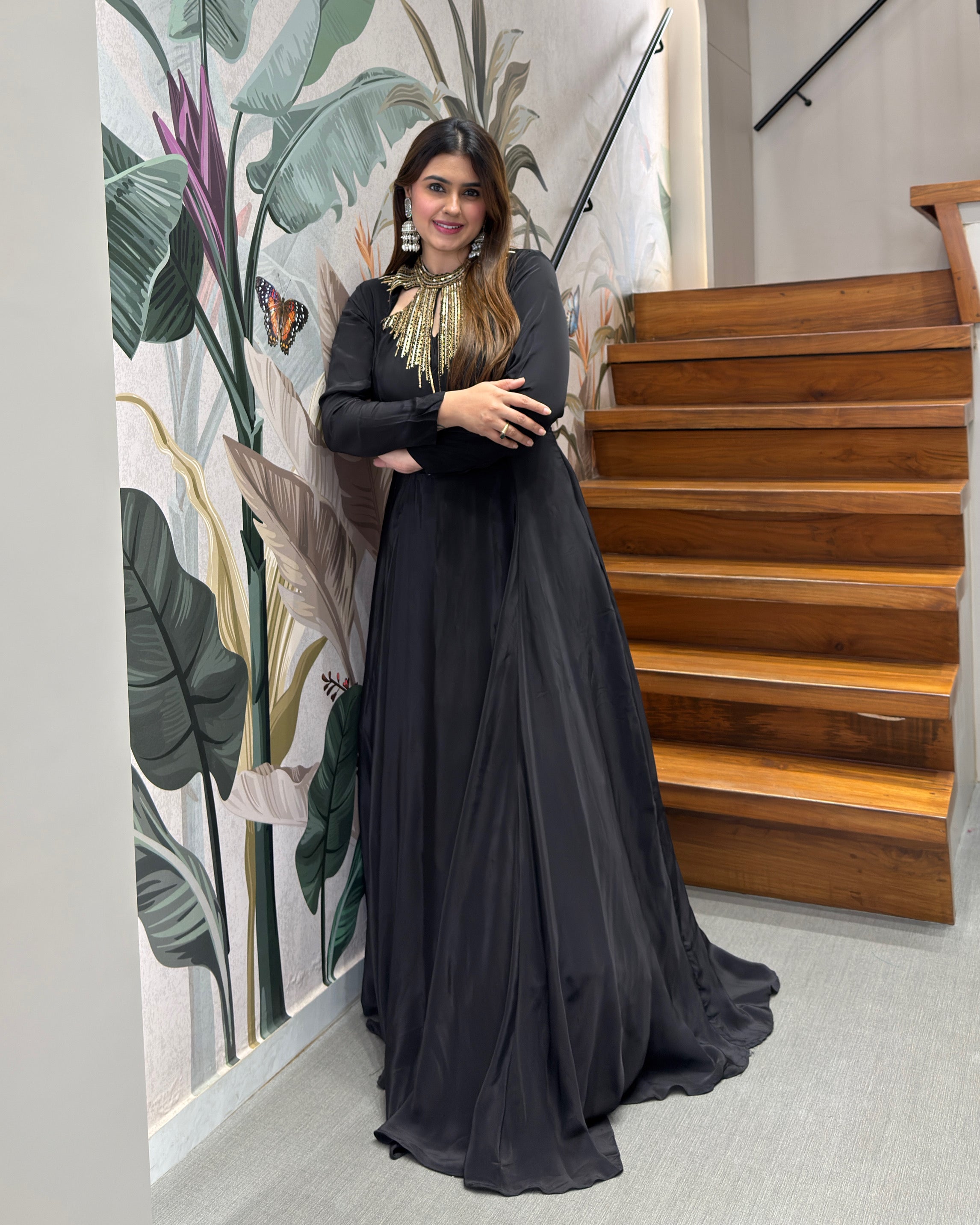 Elegant Black Handworked Flared Gown Set with Dupatta