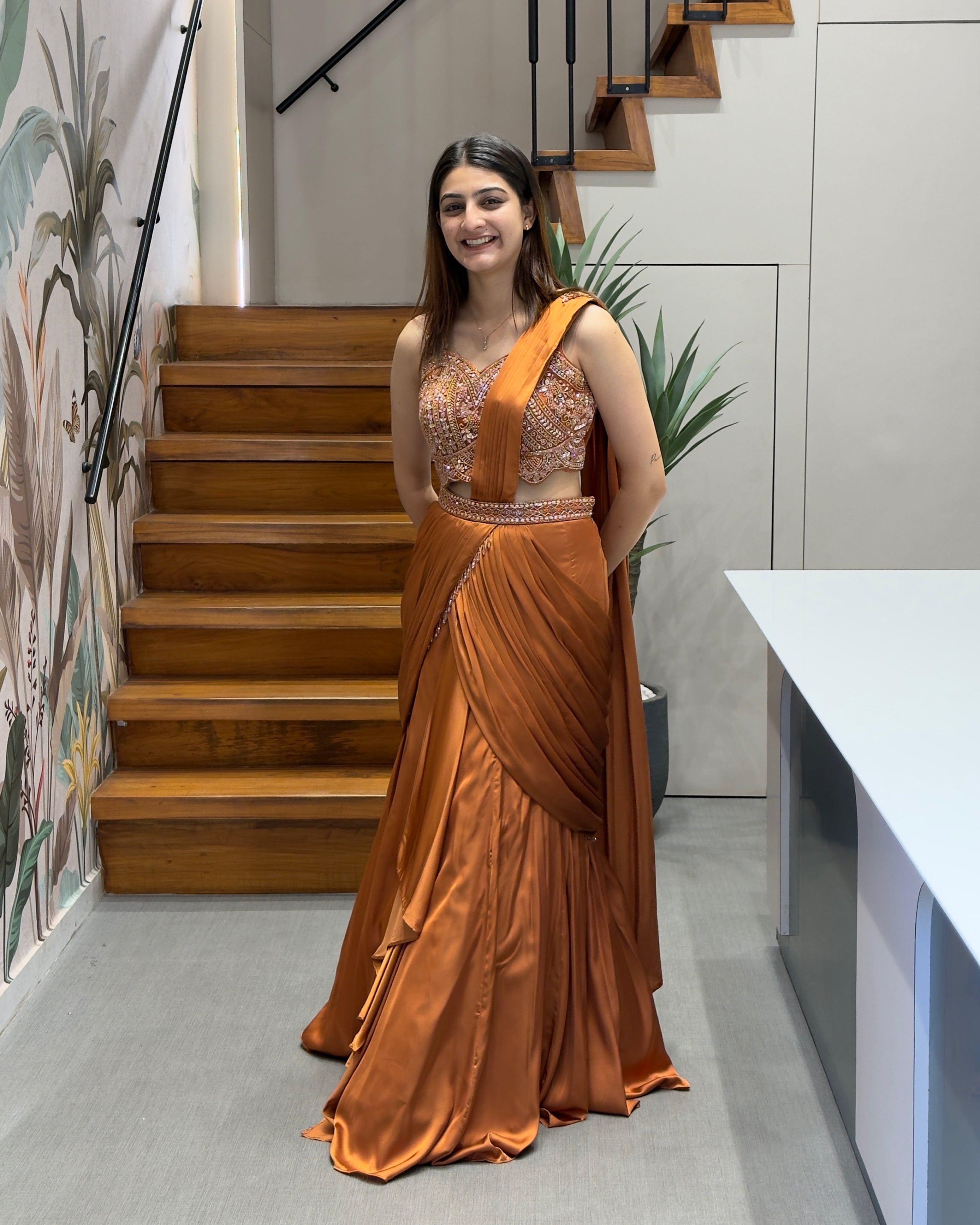 Rust Brown Designer Handworked Fish Cut Lehenga Set with Attached Dupatta