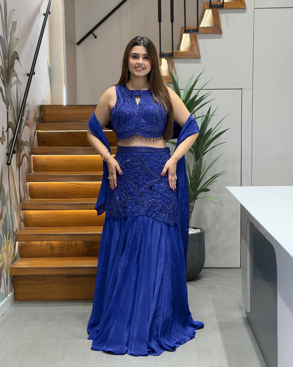 Royal Blue Pure Handworked Fish Cut Lehenga Set with Designer Blouse & Dupatta