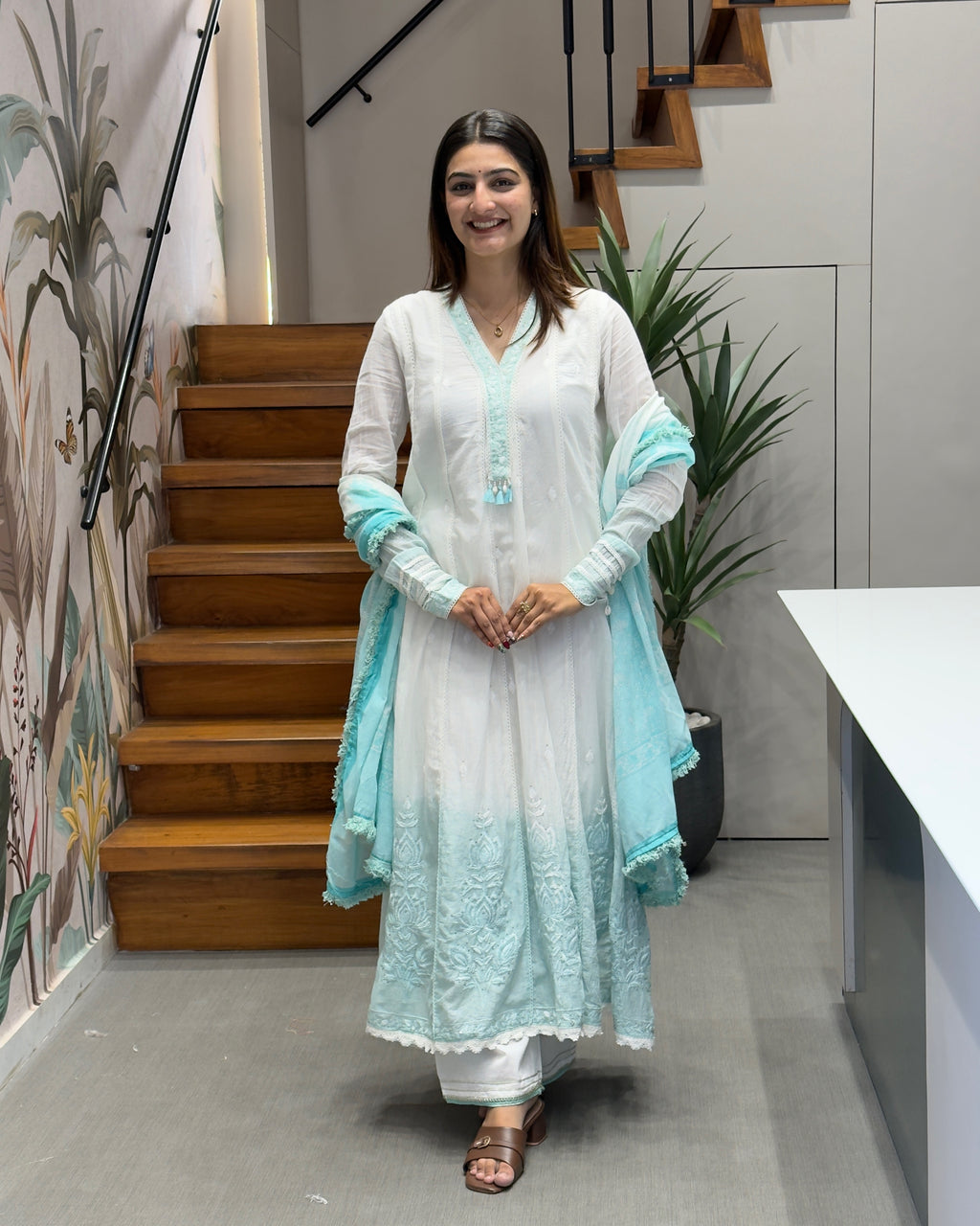 Elegant White & Aqua Cotton Three Piece Suit Set