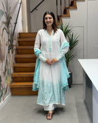 Elegant White & Aqua Cotton Three Piece Suit Set