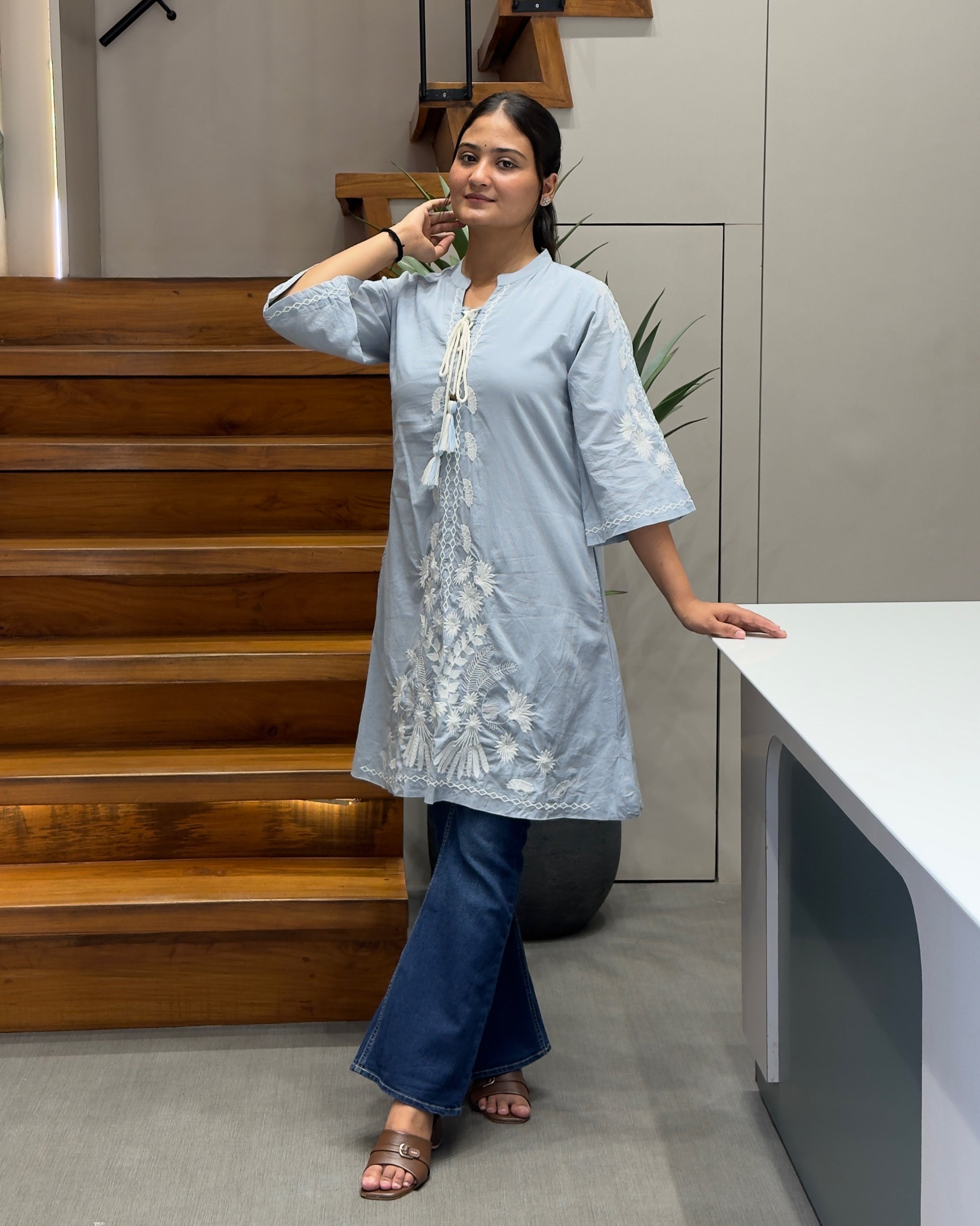 Elegant Sky Blue Embroidered Short Kurti