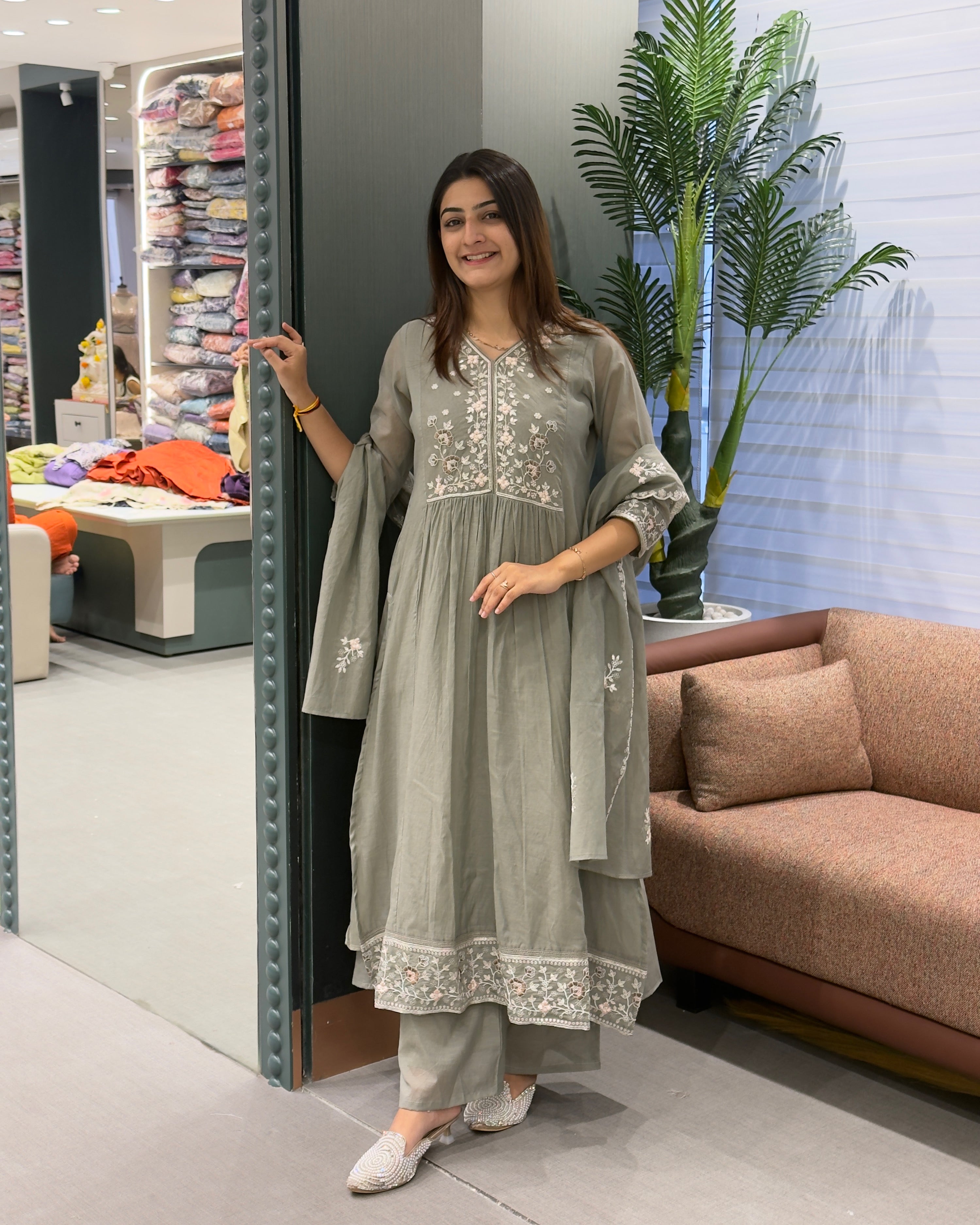 Elegant Embroidered Cotton 3 Piece Set with Plazo