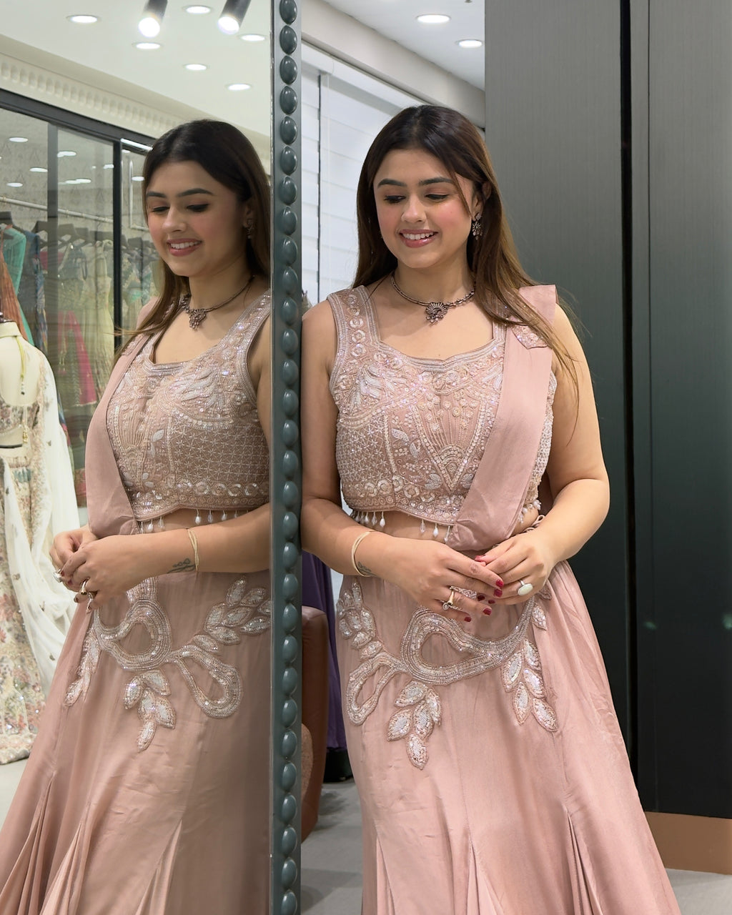 Blush Pink Handworked Fish Cut Lehenga Set with Attached Dupatta