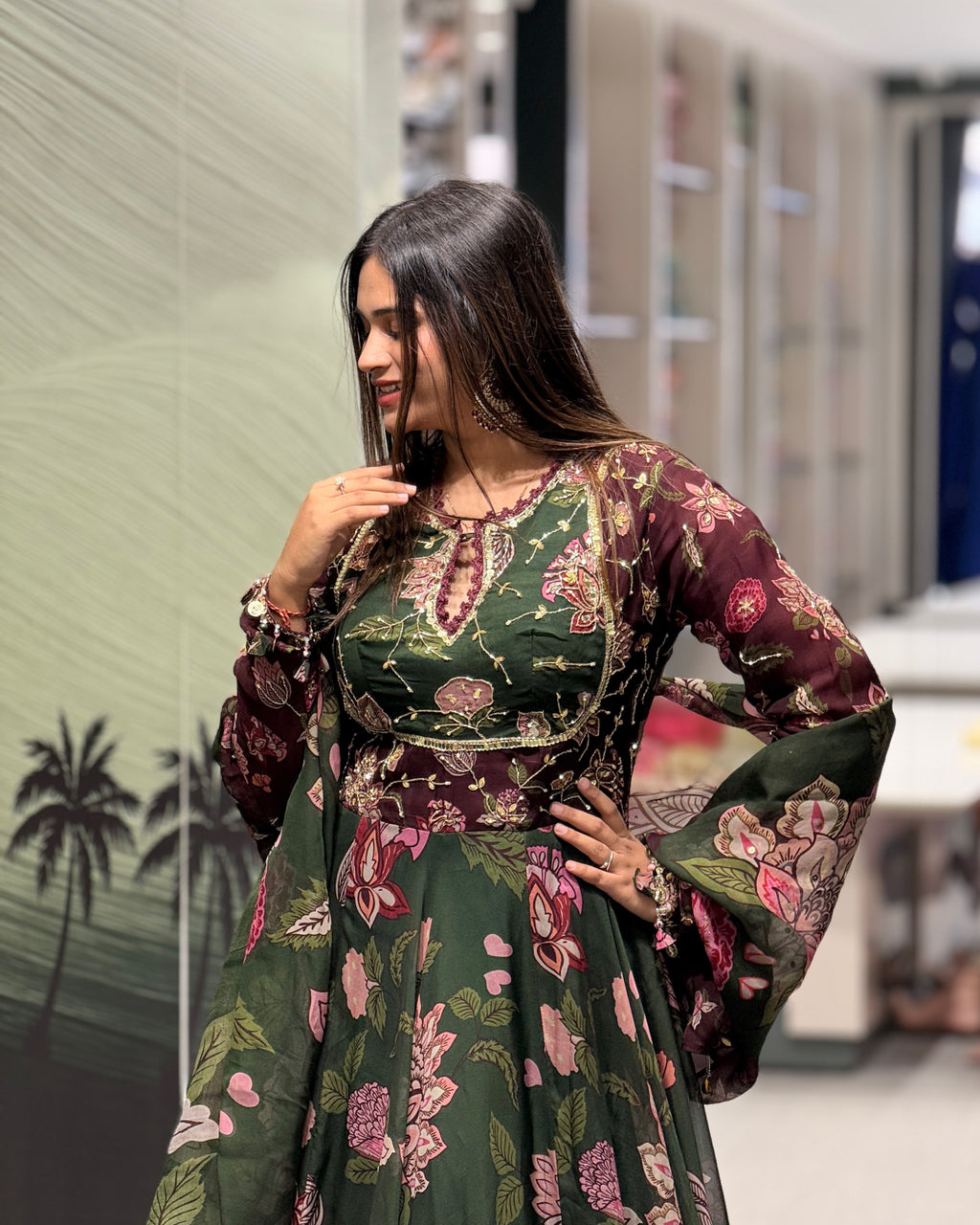 Bottle Green Floral Handwork Gown Set with Dupatta