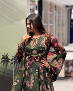 Bottle Green Floral Handwork Gown Set with Dupatta