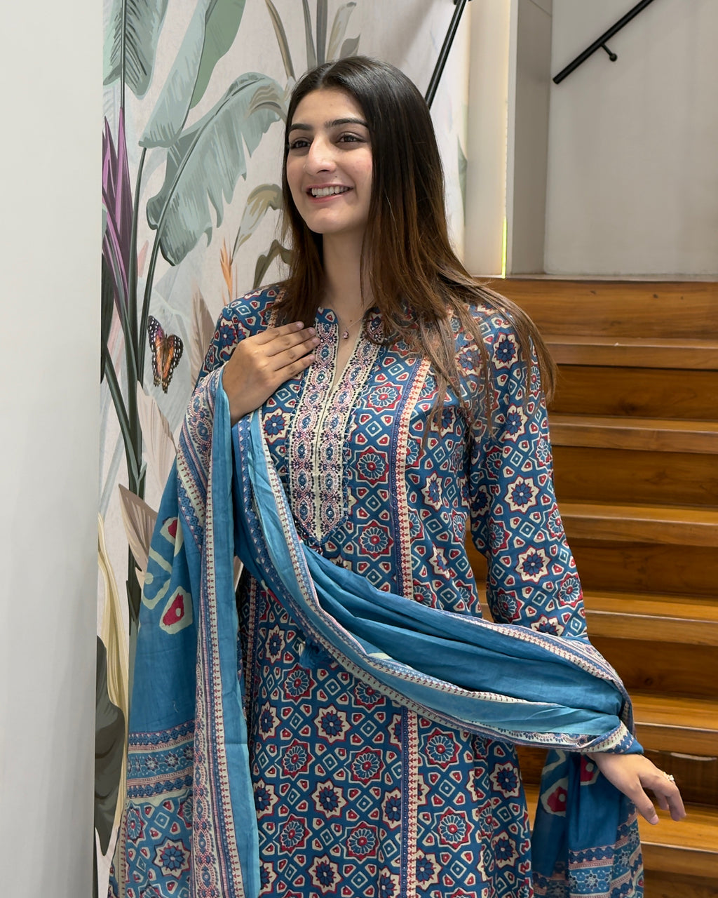 Printed Full Length Kurti with Full Flair Palazzo & Dupatta Set
