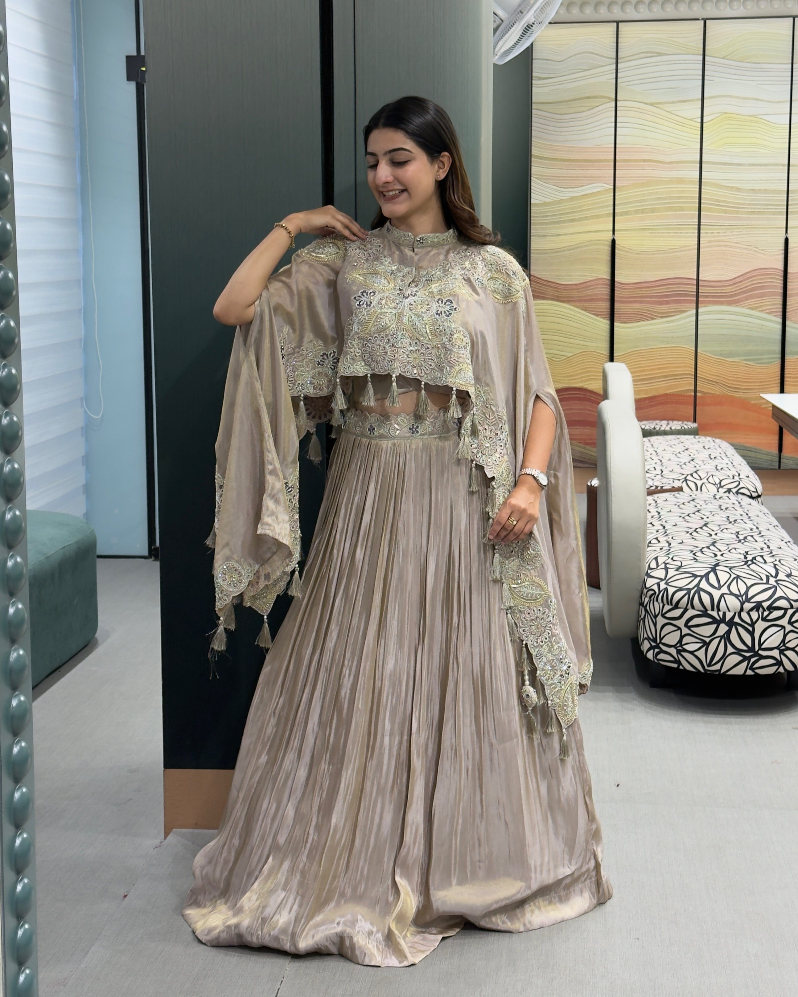 Champagne Gold Designer Handworked Cape Style Lehenga Set with Inner