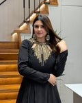 Elegant Black Handworked Flared Gown Set with Dupatta