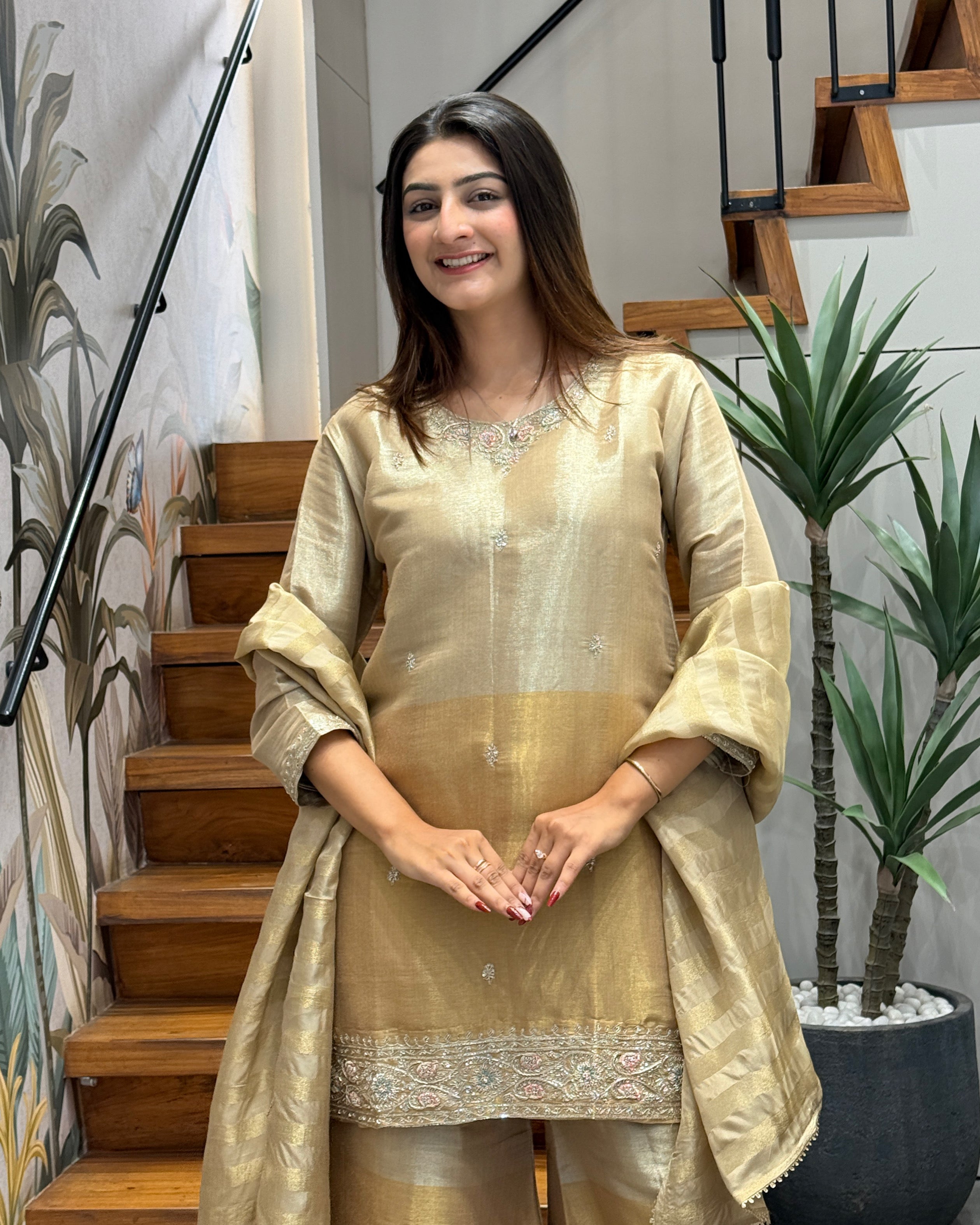 Elegant Champagne Gold Handworked Palazzo Set with Dupatta