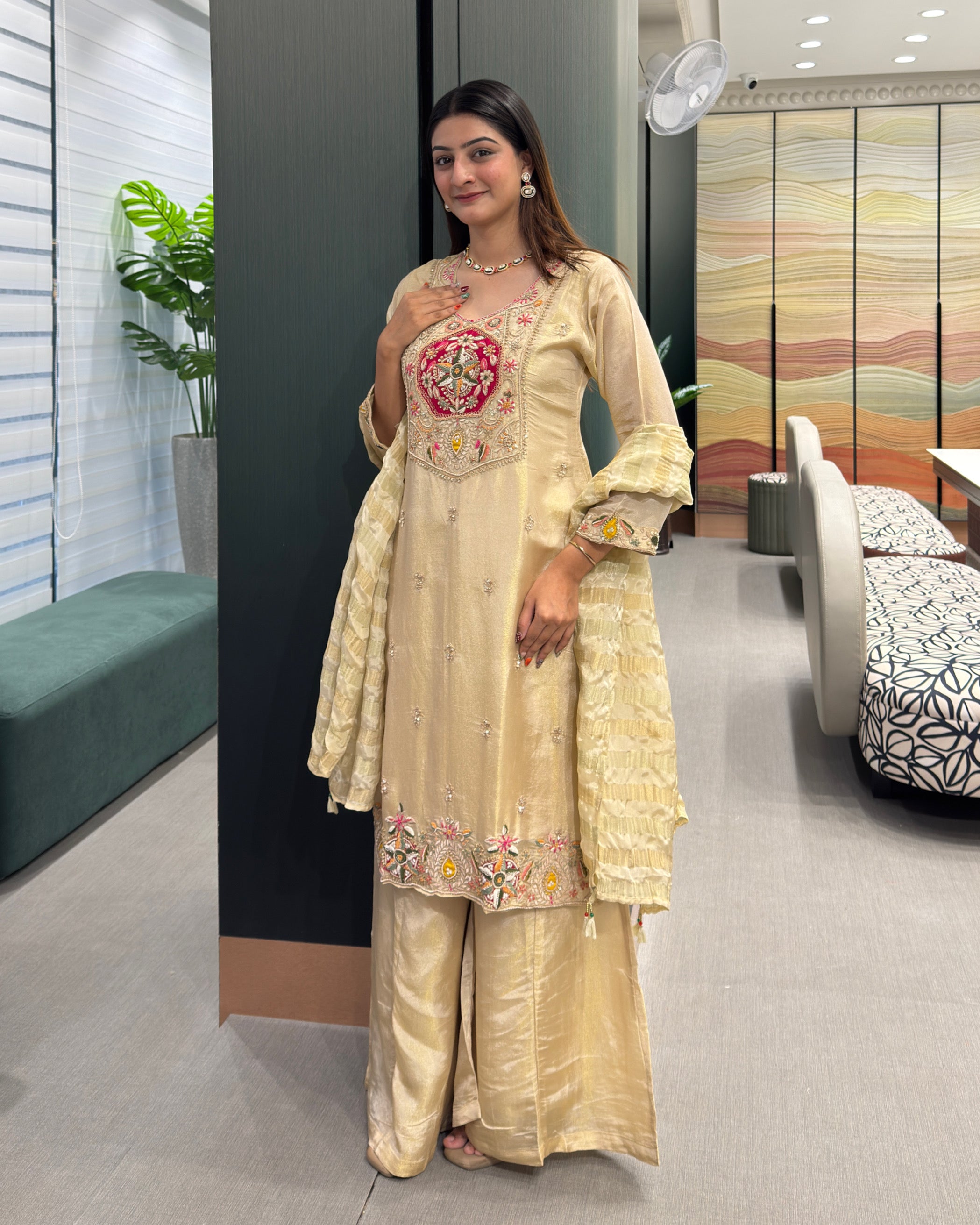 Elegant Golden Beige Handwork Three Piece Suit Set