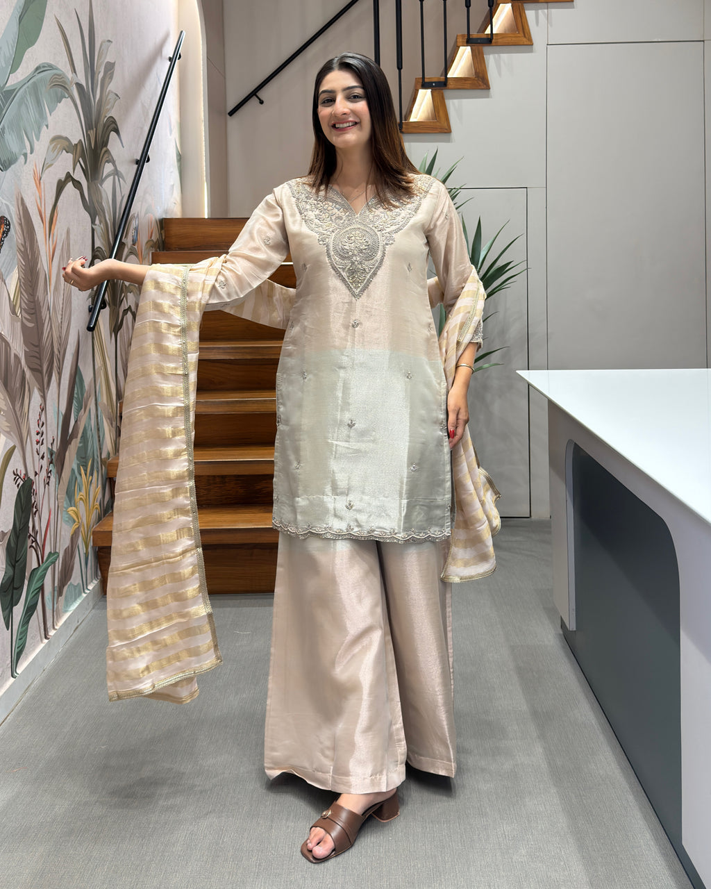 Elegant Handworked Tissue Silk Kurta Palazzo Set with Designer Dupatta