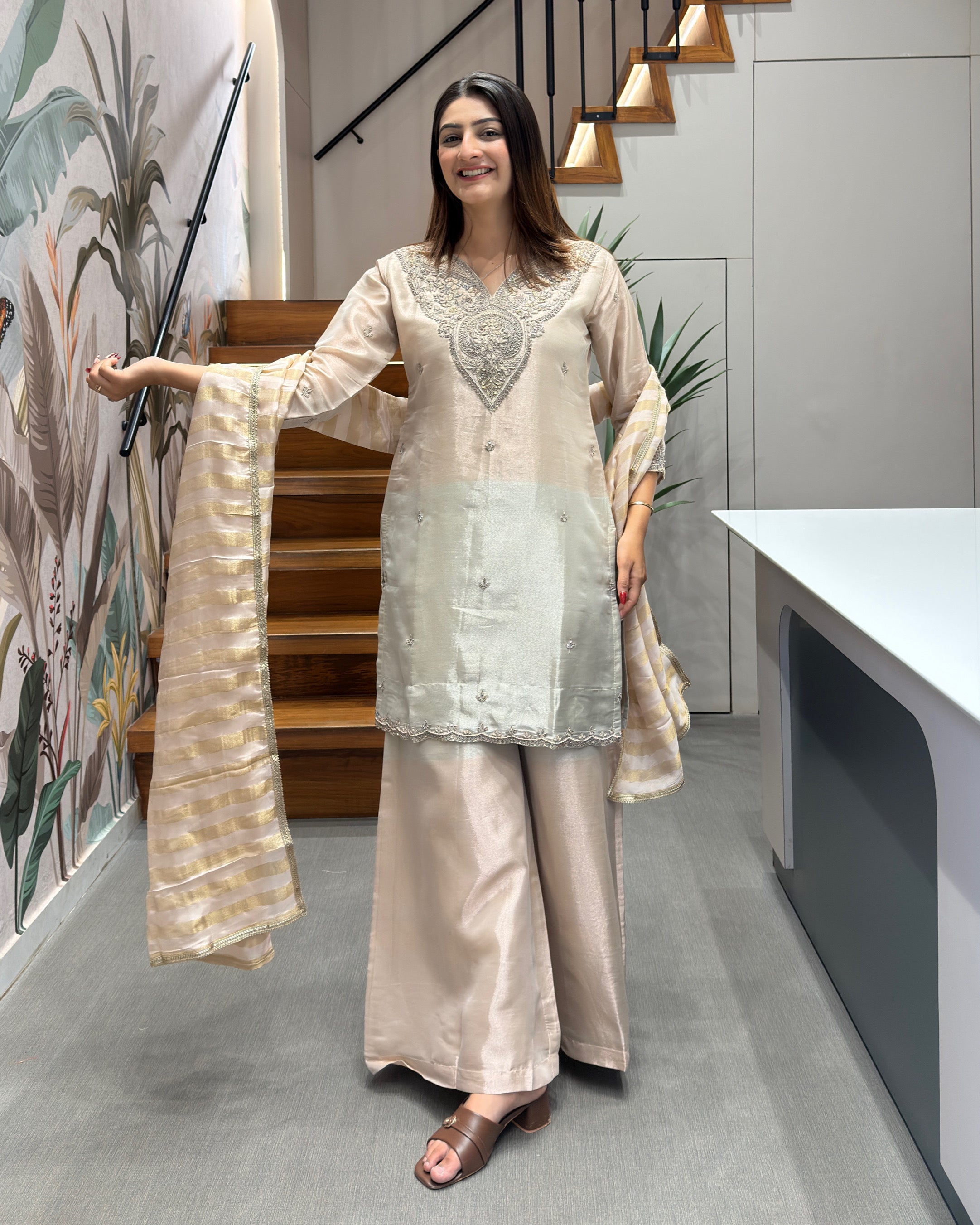 Elegant Handworked Tissue Silk Kurta Palazzo Set with Designer Dupatta