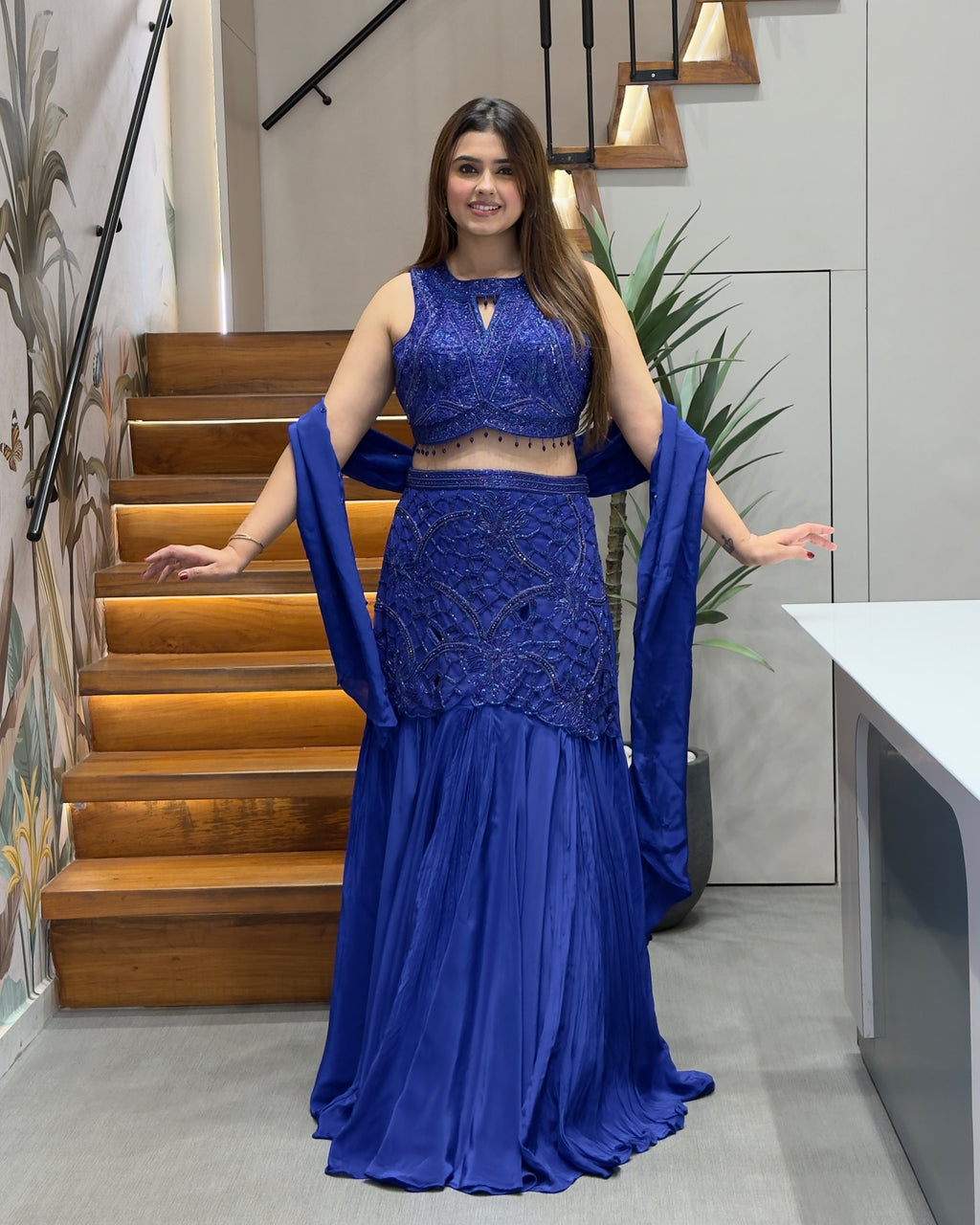 Royal Blue Pure Handworked Fish Cut Lehenga Set with Designer Blouse & Dupatta